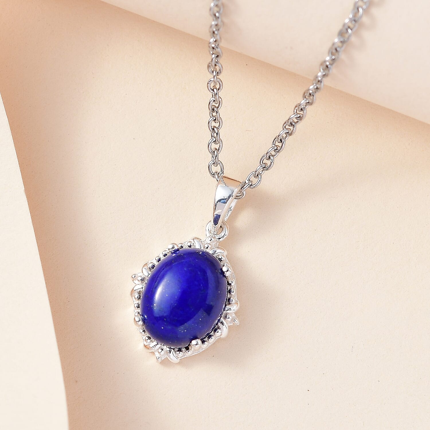 Lapis Lazuli Solitaire Pendant in Sterling Silver with Stainless Steel Necklace 20 Inches 3.40 ctw