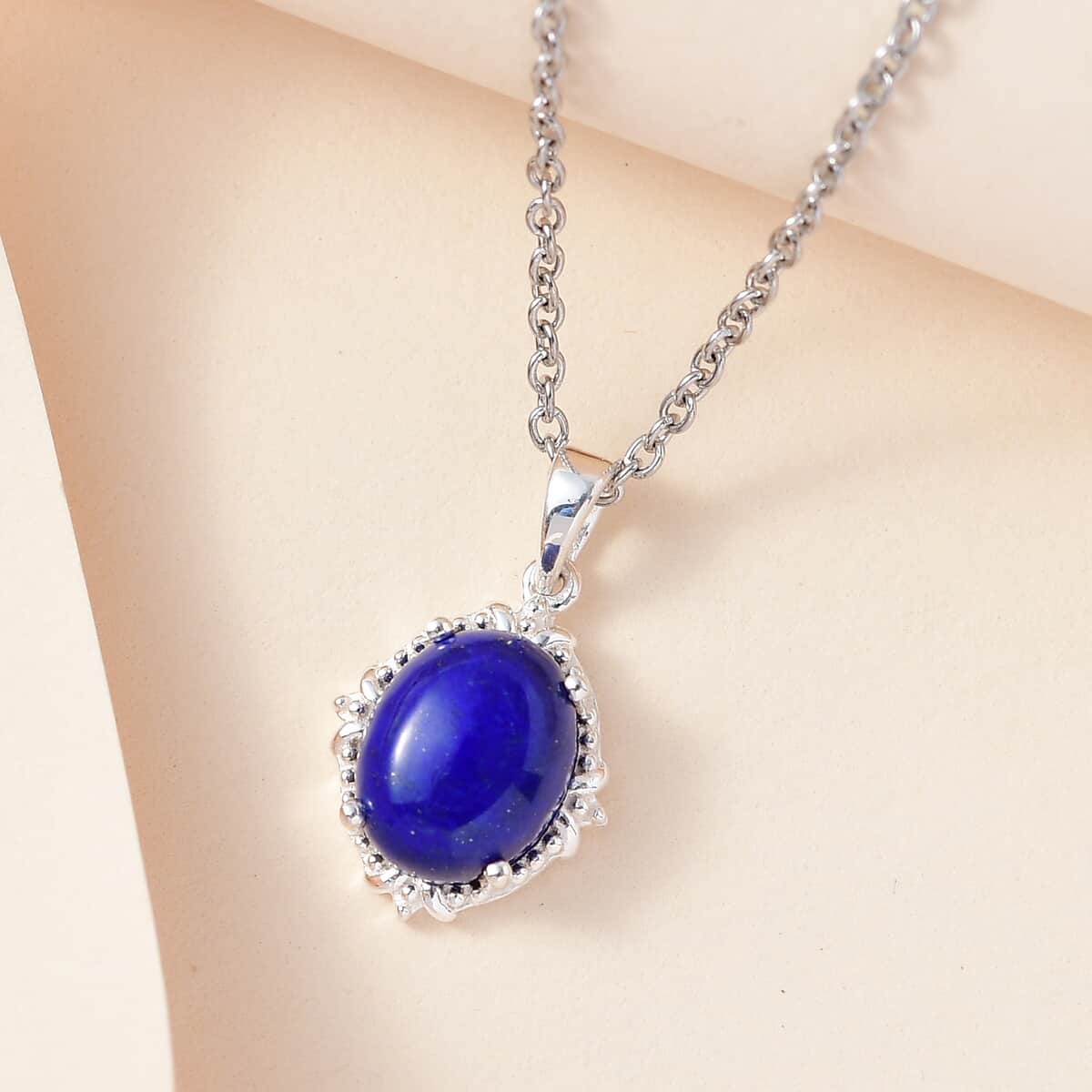 Lapis Lazuli Solitaire Pendant in Sterling Silver with Stainless Steel Necklace 20 Inches 3.40 ctw image number 4