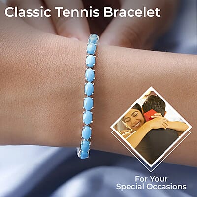 D'Joy Sleeping Beauty Turquoise 13.50 ctw Bracelet in Platinum Over Sterling Silver, Tennis Bracelet, Silver Tennis (7.25 In)