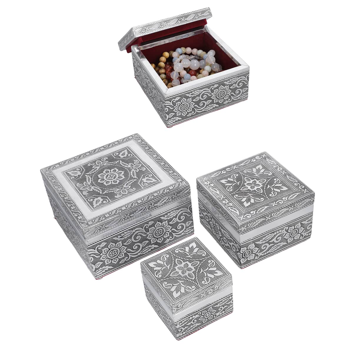 Set of 3 Handcrafted Mandala Embossed Aluminum Oxidized Multi-Purpose Nested Box with Scratch Protection Interior (4.75x4.75x2.5, 3.5x3.5x2.15, 2.5x2.5x1 in) image number 0