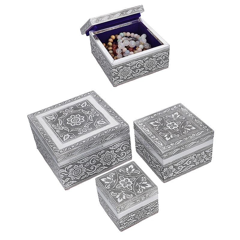 Set of 3 Handcrafted Mandala Embossed Aluminium Oxidized Multi-Purpose Nested Box with Scratch Protection Interior