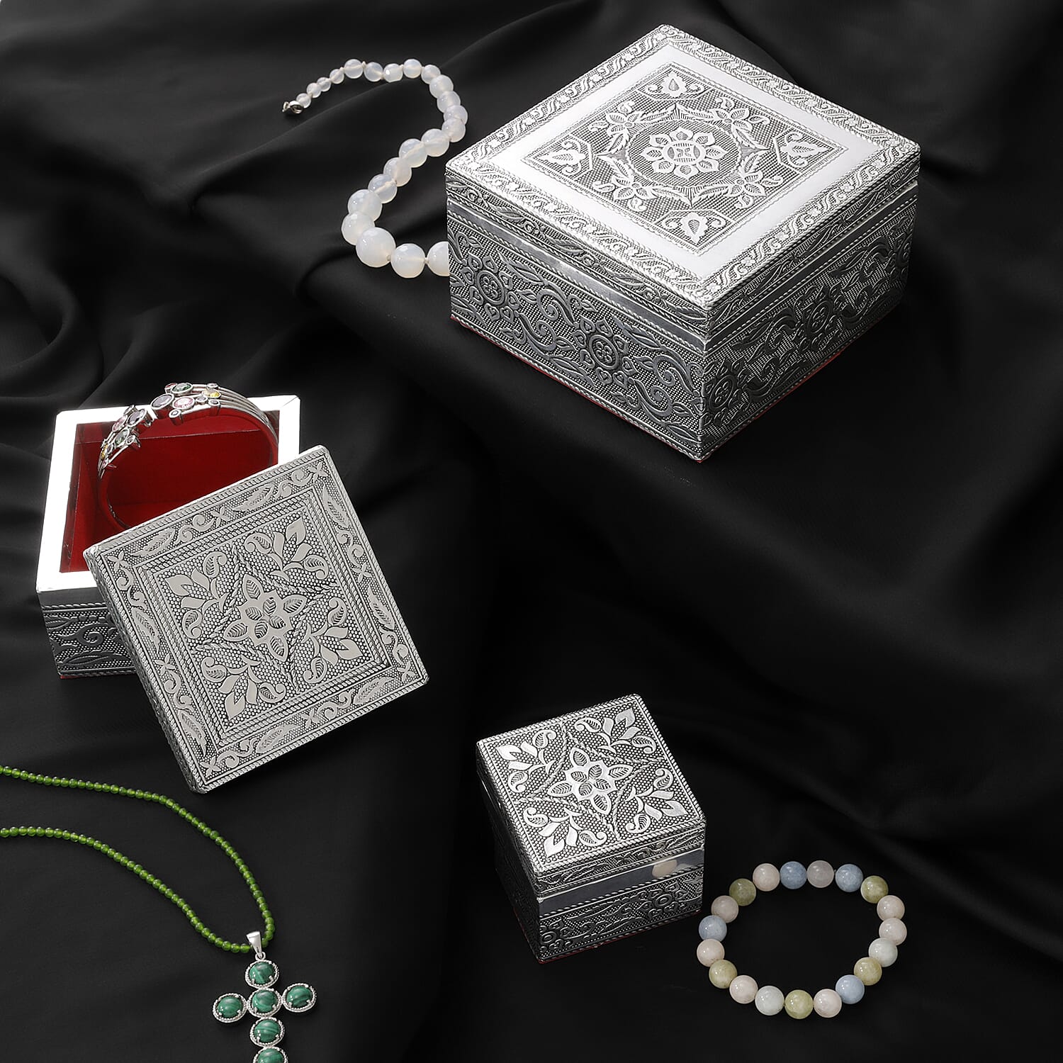 Set of 3 Handcrafted Mandala Embossed Aluminium Oxidized Multi-Purpose Nested Box with Scratch Protection Interior