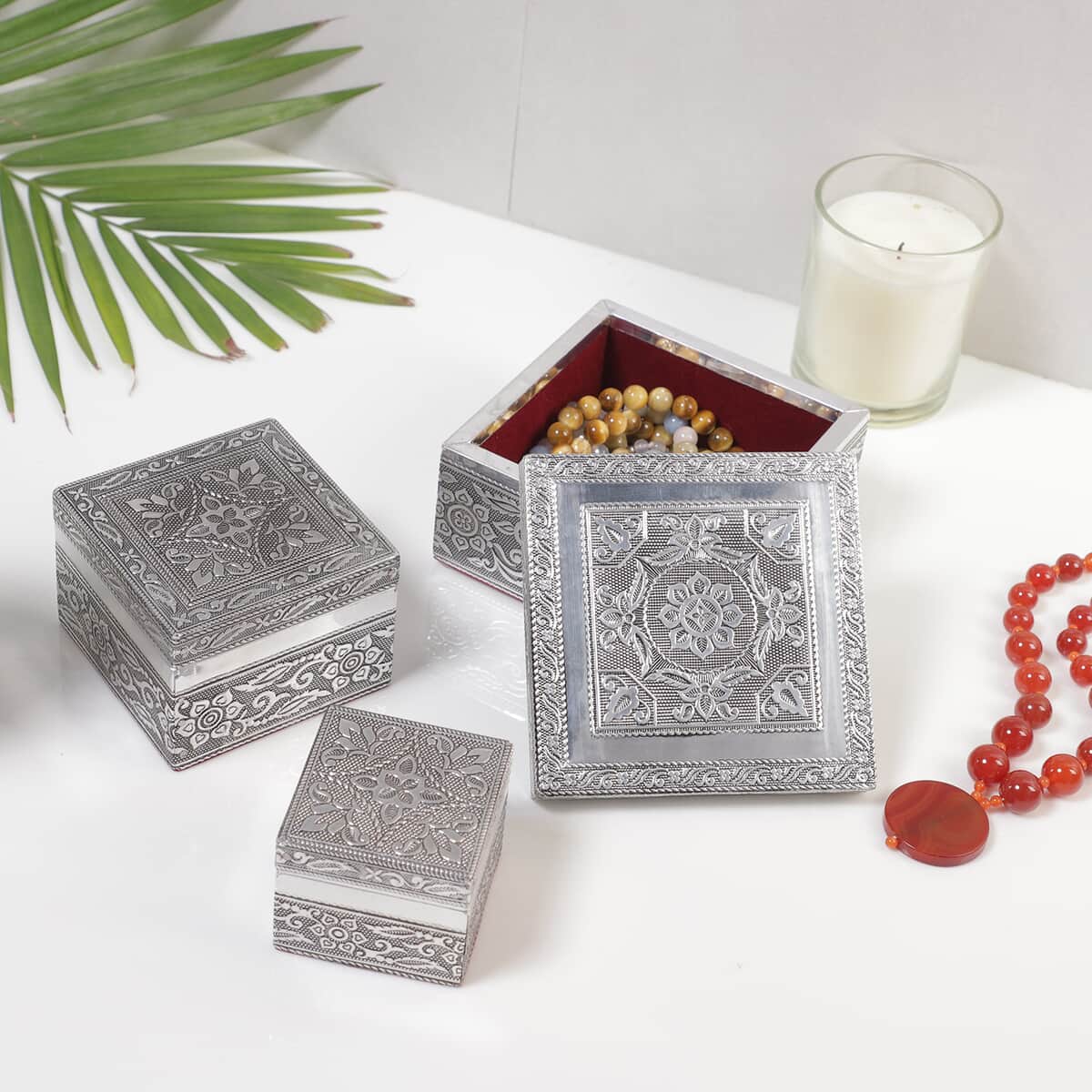 Set of 3 Handcrafted Mandala Embossed Aluminum Oxidized Multi-Purpose Nested Box with Scratch Protection Interior (4.75x4.75x2.5, 3.5x3.5x2.15, 2.5x2.5x1 in) image number 1