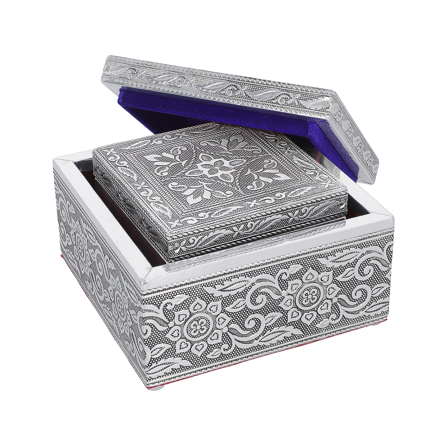 Set of 3 Handcrafted Mandala Embossed Aluminium Oxidized Multi-Purpose Nested Box with Scratch Protection Interior