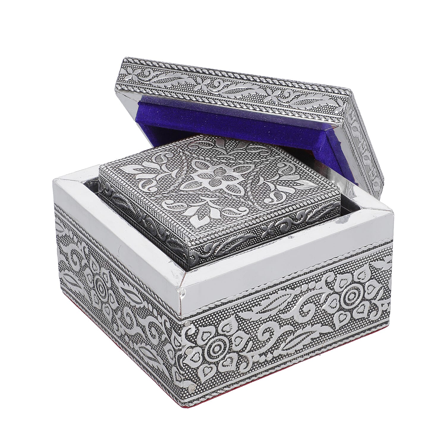 Set of 3 Handcrafted Mandala Embossed Aluminium Oxidized Multi-Purpose Nested Box with Scratch Protection Interior