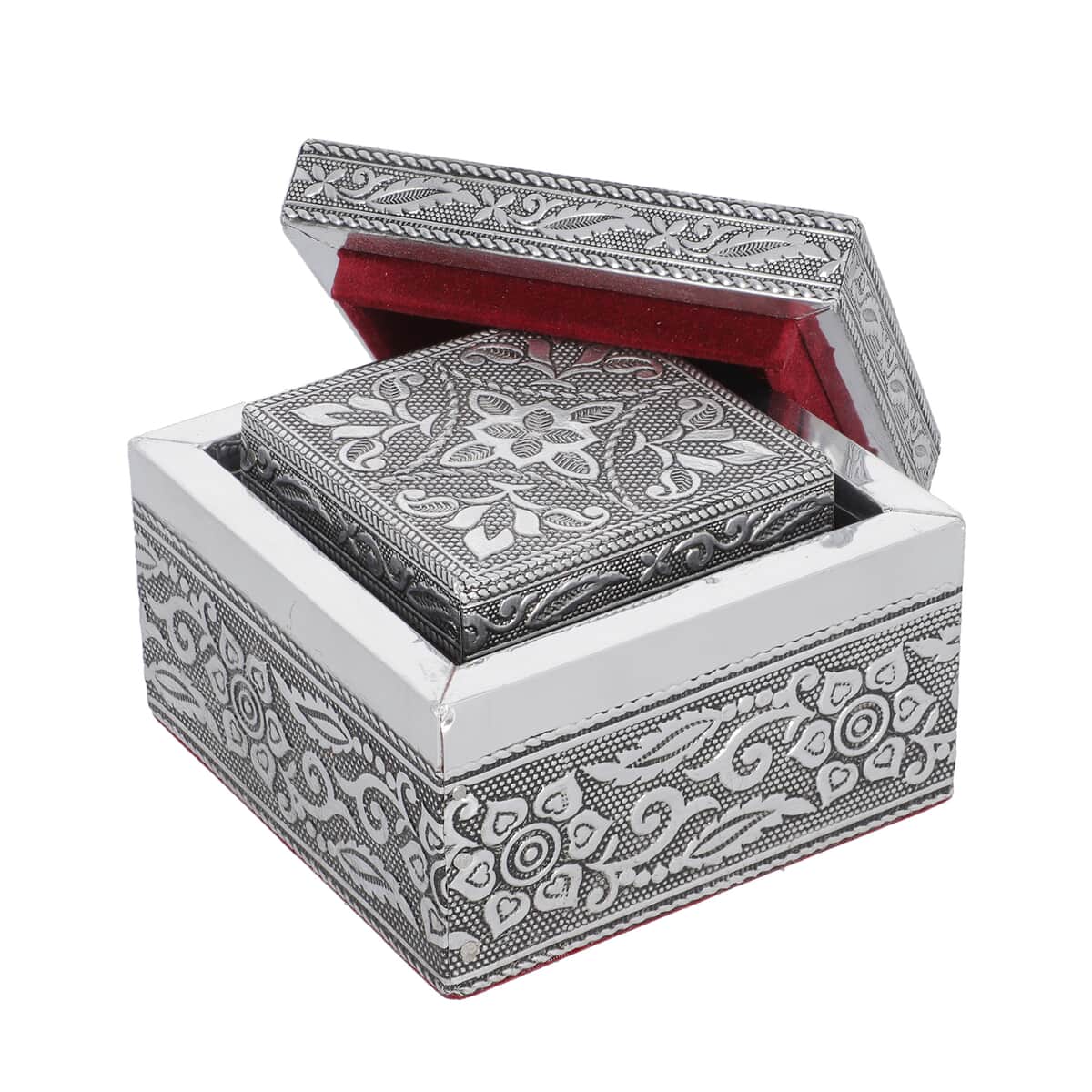 Set of 3 Handcrafted Mandala Embossed Aluminum Oxidized Multi-Purpose Nested Box with Scratch Protection Interior (4.75x4.75x2.5, 3.5x3.5x2.15, 2.5x2.5x1 in) image number 3