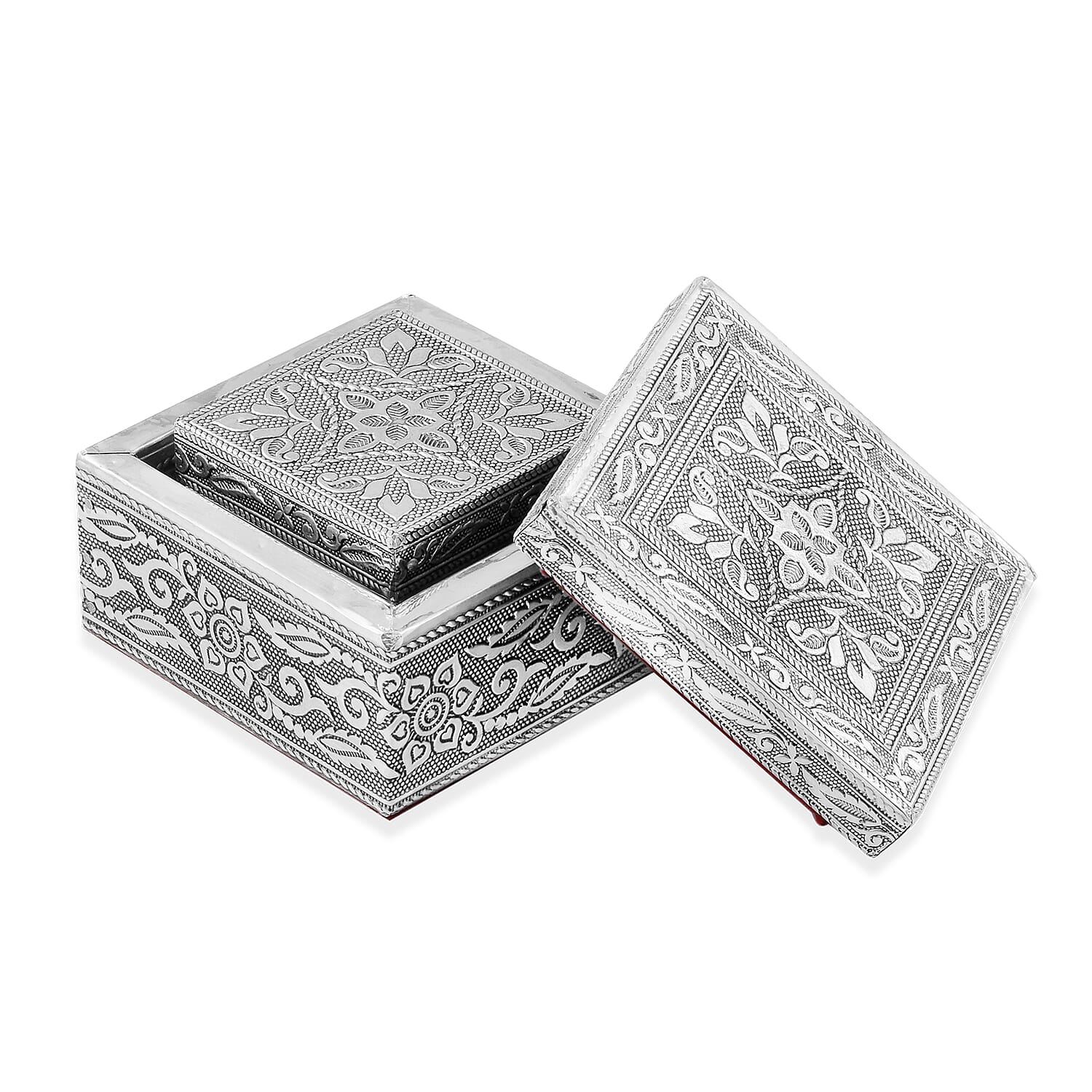 Set of 3 Handcrafted Mandala Embossed Aluminium Oxidized Multi-Purpose Nested Box with Scratch Protection Interior