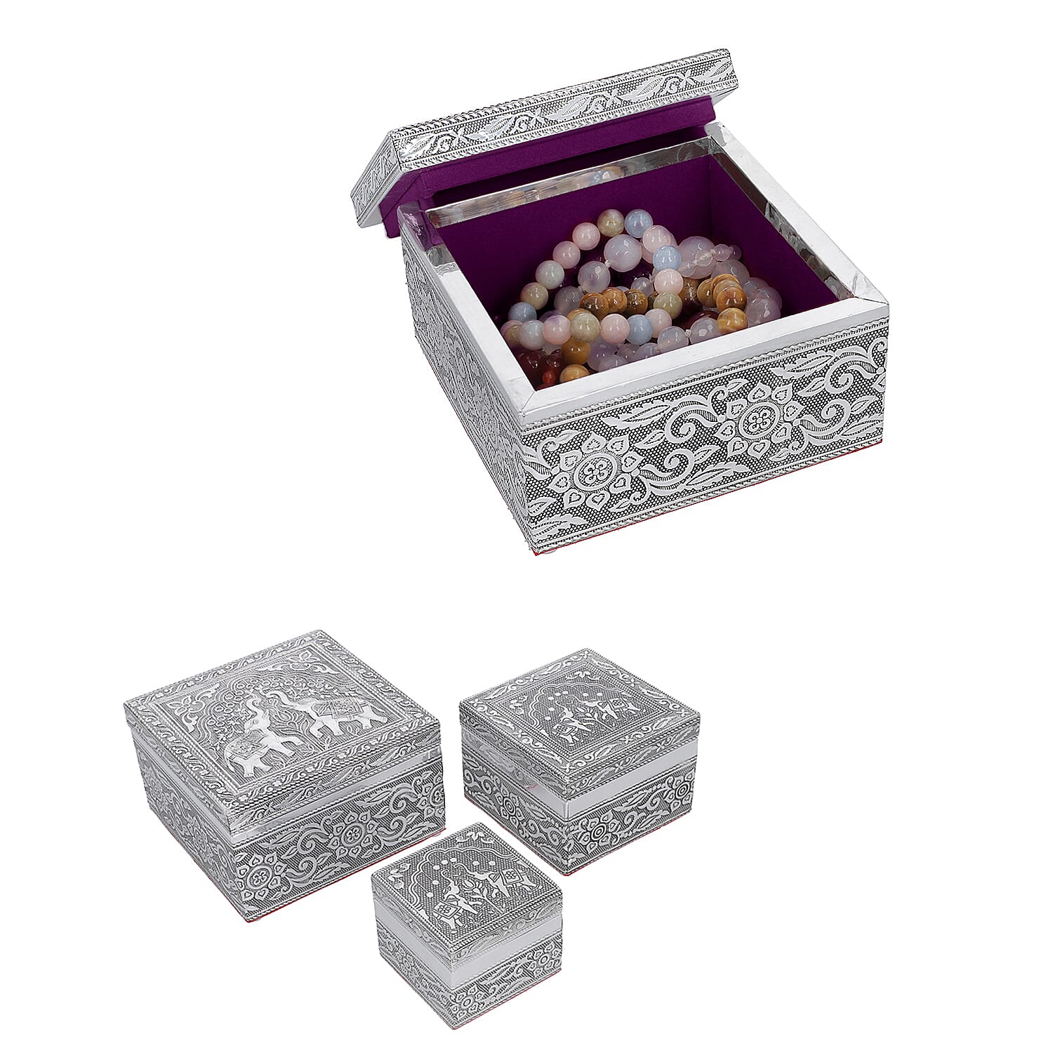 Set of 3 Handcrafted Elephant Duo Embossed Aluminum Oxidized Multi-Purpose Nested Box with Scratch Protection Interior