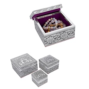 Set of 3 Handcrafted Elephant Duo Embossed Aluminum Oxidized Multi-Purpose Nested Box with Scratch Protection Interior