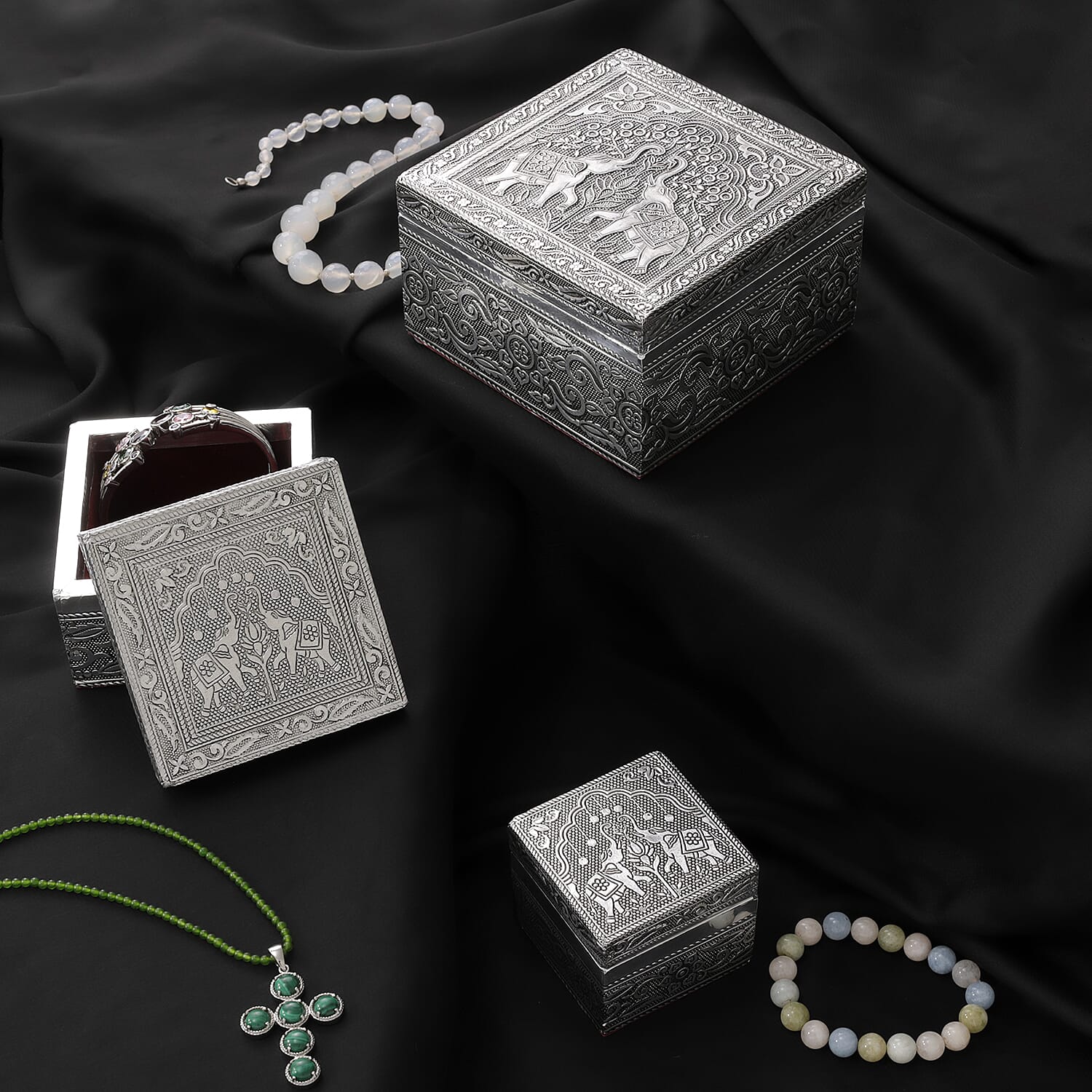 Set of 3 Handcrafted Elephant Duo Embossed Aluminum Oxidized Multi-Purpose Nested Box with Scratch Protection Interior