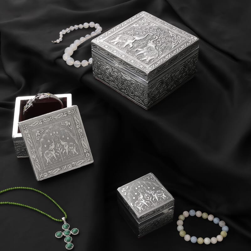 Set of 3 Handcrafted Elephant Duo Embossed Aluminum Oxidized Multi-Purpose Nested Box with Scratch Protection Interior