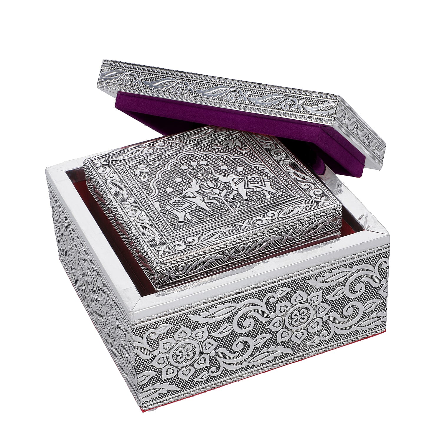 Set of 3 Handcrafted Elephant Duo Embossed Aluminum Oxidized Multi-Purpose Nested Box with Scratch Protection Interior