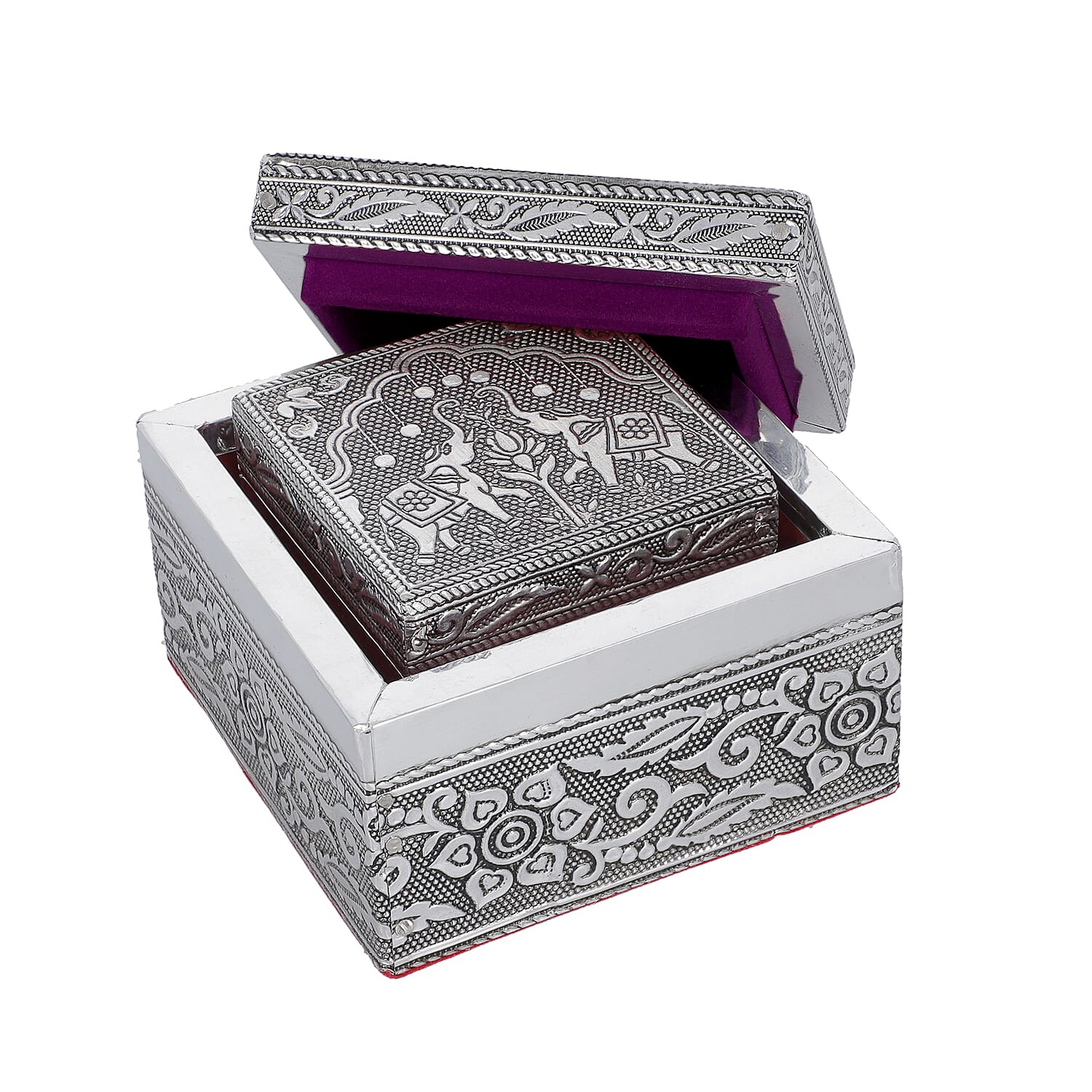 Set of 3 Handcrafted Elephant Duo Embossed Aluminum Oxidized Multi-Purpose Nested Box with Scratch Protection Interior