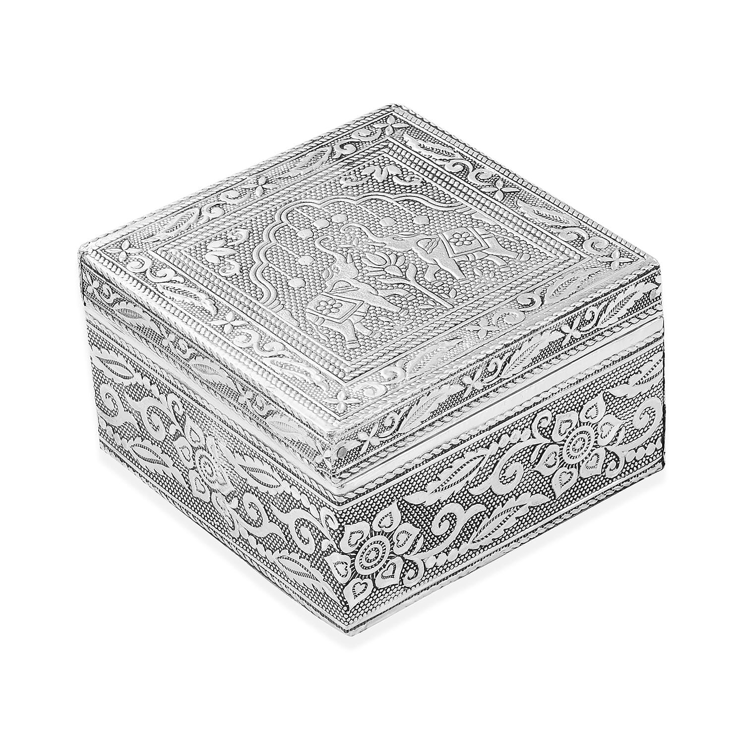 Set of 3 Handcrafted Elephant Duo Embossed Aluminum Oxidized Multi-Purpose Nested Box with Scratch Protection Interior