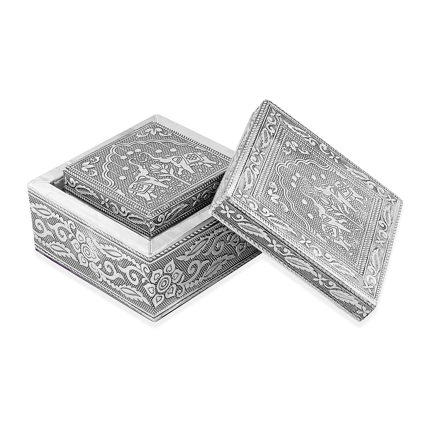 Set of 3 Handcrafted Elephant Duo Embossed Aluminum Oxidized Multi-Purpose Nested Box with Scratch Protection Interior