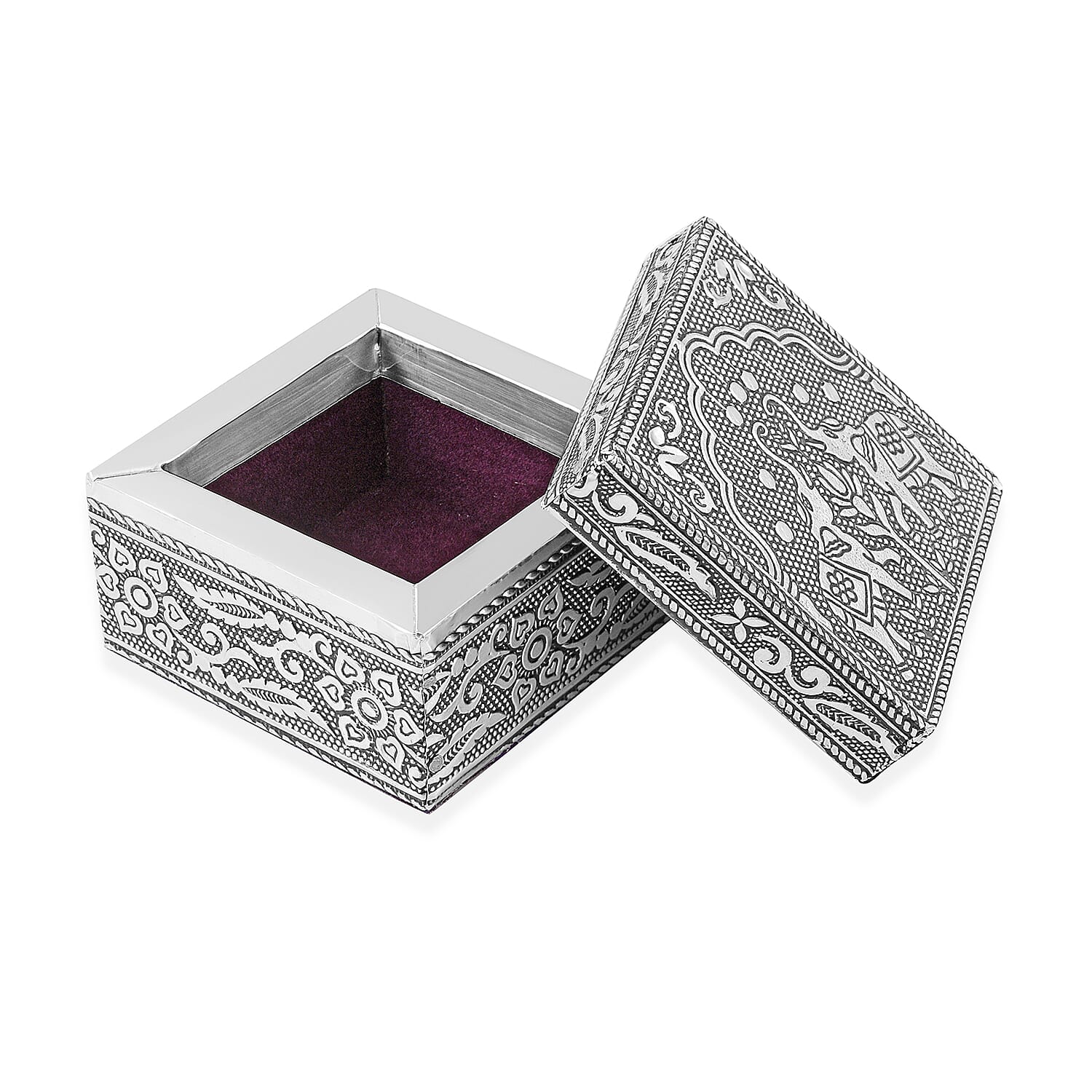 Set of 3 Handcrafted Elephant Duo Embossed Aluminum Oxidized Multi-Purpose Nested Box with Scratch Protection Interior