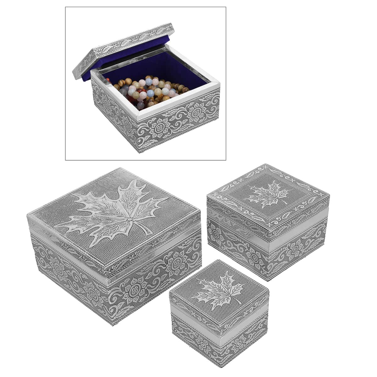 Set of 3 Handcrafted Maple Leafs Embossed Aluminum Oxidized Multi-Purpose Nested Box with Scratch Protection Interior (5,3.5,2.5 in) image number 0