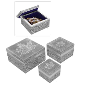 Set of 3 Handcrafted Maple Leafs Embossed Aluminum Oxidized Multi-Purpose Nested Box with Scratch Protection Interior (5,3.5,2.5 in)