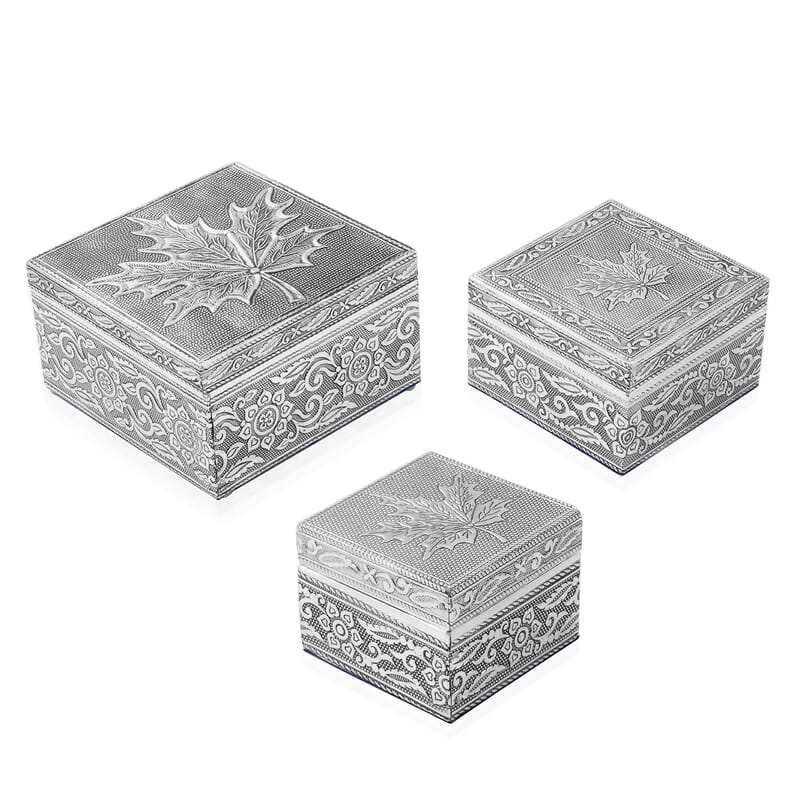 Set of 3 Handcrafted Maple Leafs Embossed Aluminum Oxidized Multi-Purpose Nested Box with Scratch Protection Interior (5,3.5,2.5 in)
