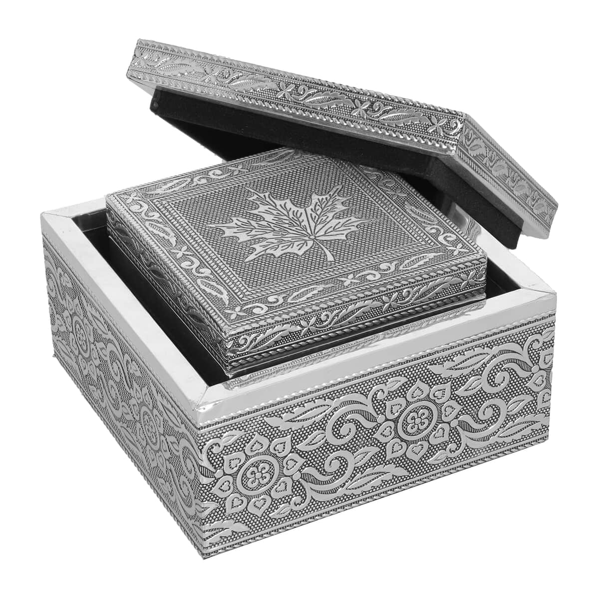 Set of 3 Handcrafted Maple Leafs Embossed Aluminum Oxidized Multi-Purpose Nested Box with Scratch Protection Interior (5,3.5,2.5 in) image number 2