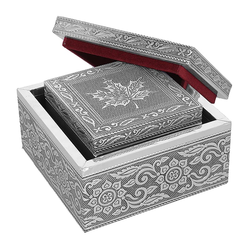 Set of 3 Handcrafted Maple Leafs Embossed Aluminum Oxidized Multi-Purpose Nested Box with Scratch Protection Interior (5,3.5,2.5 in)