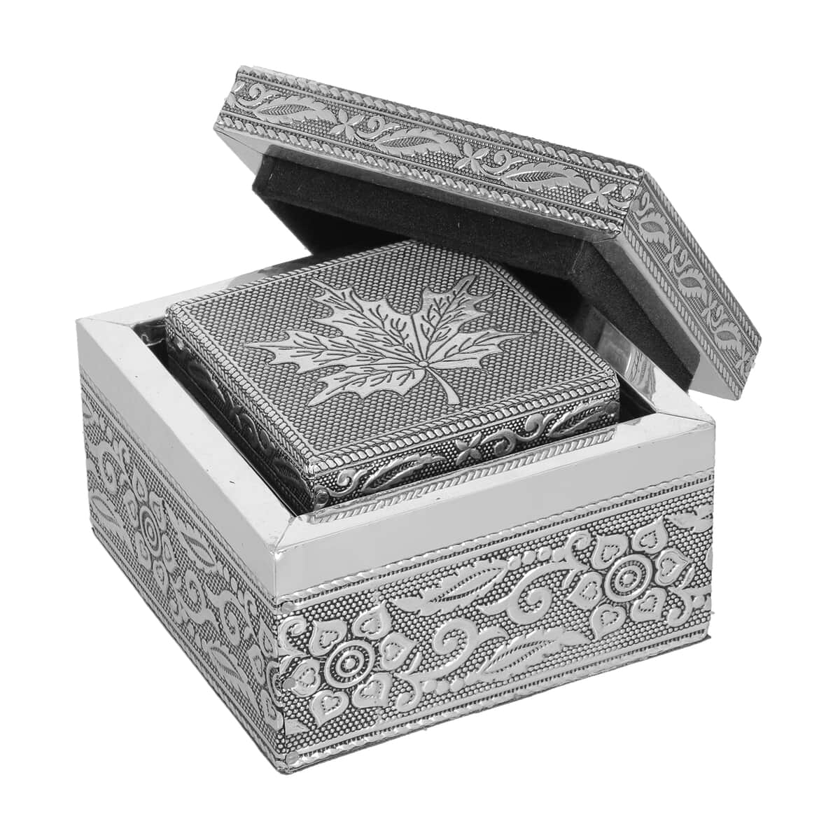 Set of 3 Handcrafted Maple Leafs Embossed Aluminum Oxidized Multi-Purpose Nested Box with Scratch Protection Interior (5,3.5,2.5 in) image number 3