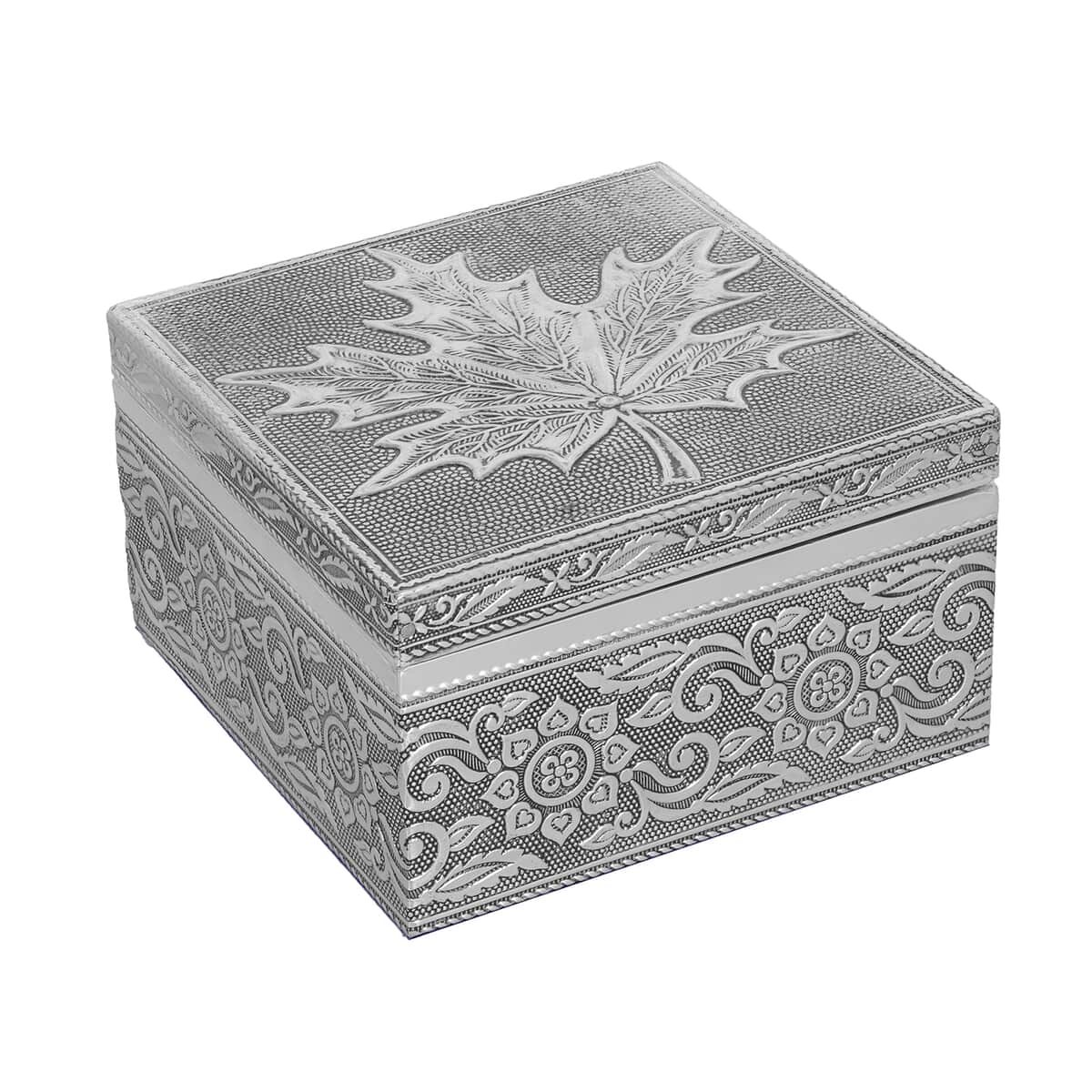 Set of 3 Handcrafted Maple Leafs Embossed Aluminum Oxidized Multi-Purpose Nested Box with Scratch Protection Interior (5,3.5,2.5 in) image number 4