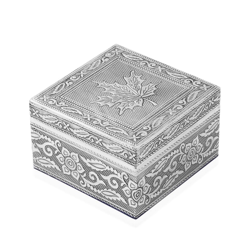 Set of 3 Handcrafted Maple Leafs Embossed Aluminum Oxidized Multi-Purpose Nested Box with Scratch Protection Interior (5,3.5,2.5 in)