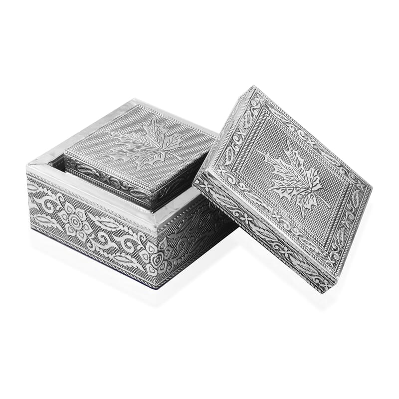 Set of 3 Handcrafted Maple Leafs Embossed Aluminum Oxidized Multi-Purpose Nested Box with Scratch Protection Interior (5,3.5,2.5 in)