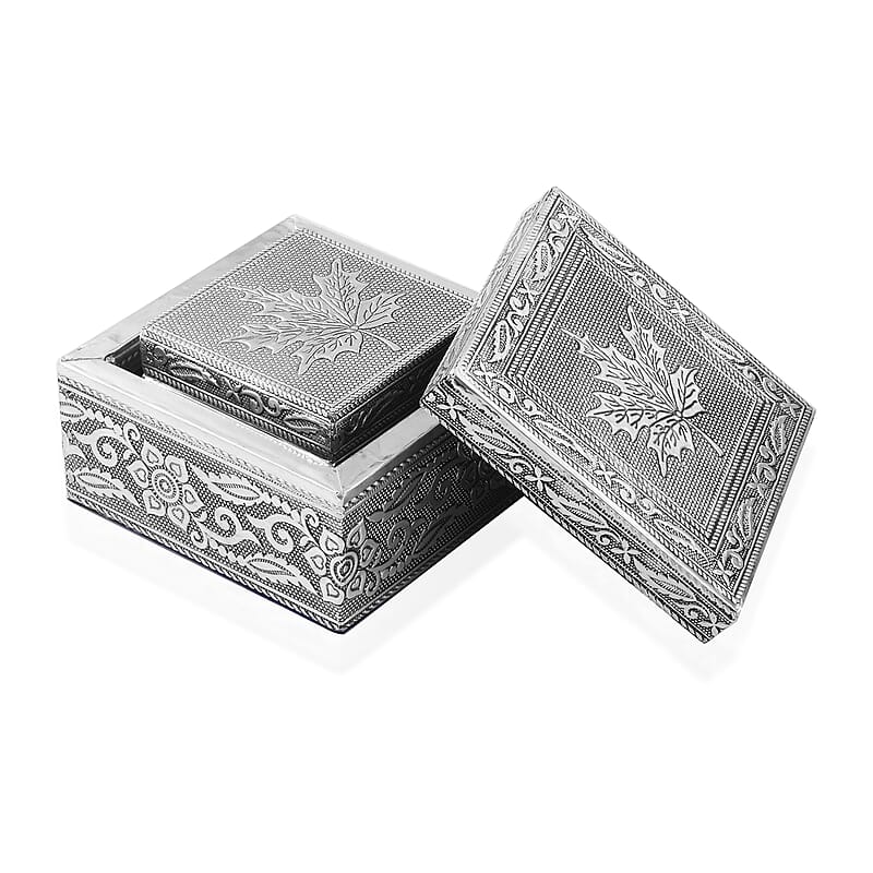 Set of 3 Handcrafted Maple Leafs Embossed Aluminum Oxidized Multi-Purpose Nested Box with Scratch Protection Interior (5,3.5,2.5 in)