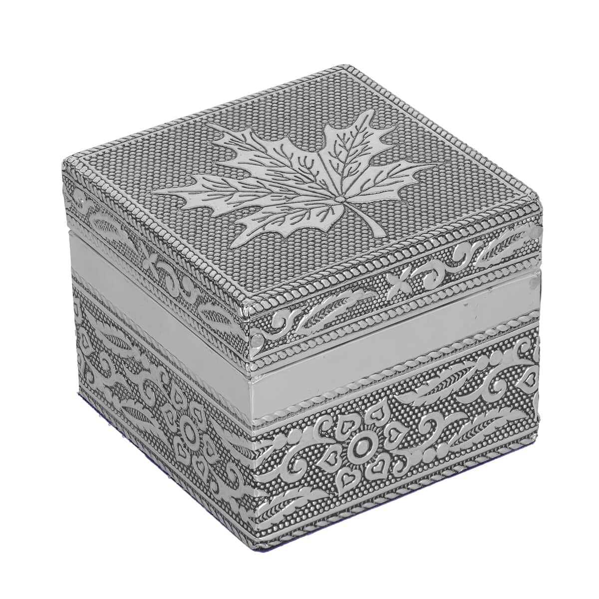 Set of 3 Handcrafted Maple Leafs Embossed Aluminum Oxidized Multi-Purpose Nested Box with Scratch Protection Interior (5,3.5,2.5 in) image number 6