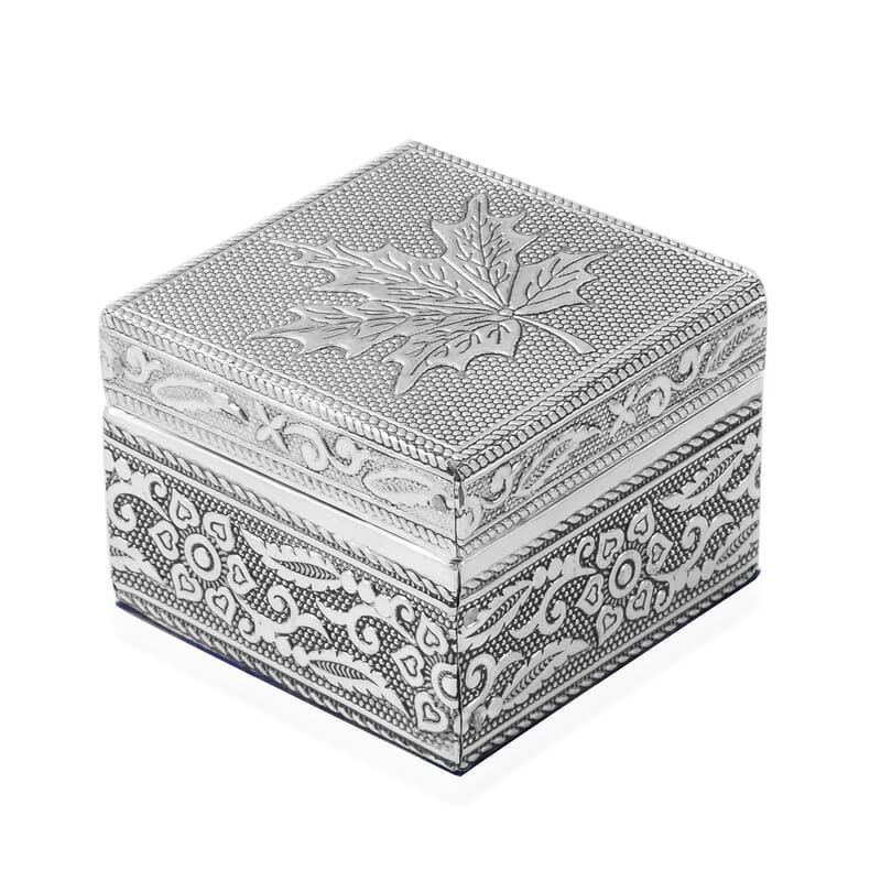 Set of 3 Handcrafted Maple Leafs Embossed Aluminum Oxidized Multi-Purpose Nested Box with Scratch Protection Interior (5,3.5,2.5 in)