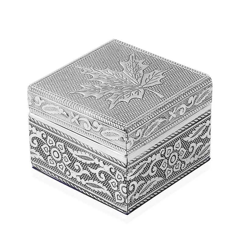Set of 3 Handcrafted Maple Leafs Embossed Aluminum Oxidized Multi-Purpose Nested Box with Scratch Protection Interior (5,3.5,2.5 in)