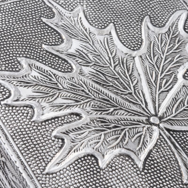 Set of 3 Handcrafted Maple Leafs Embossed Aluminum Oxidized Multi-Purpose Nested Box with Scratch Protection Interior (5,3.5,2.5 in)