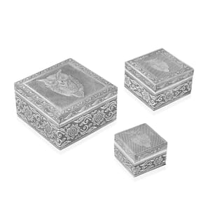 Set of 3 Handcrafted Owl Embossed Aluminum Oxidized Multi-Purpose Nested Box with Scratch Protection Interior