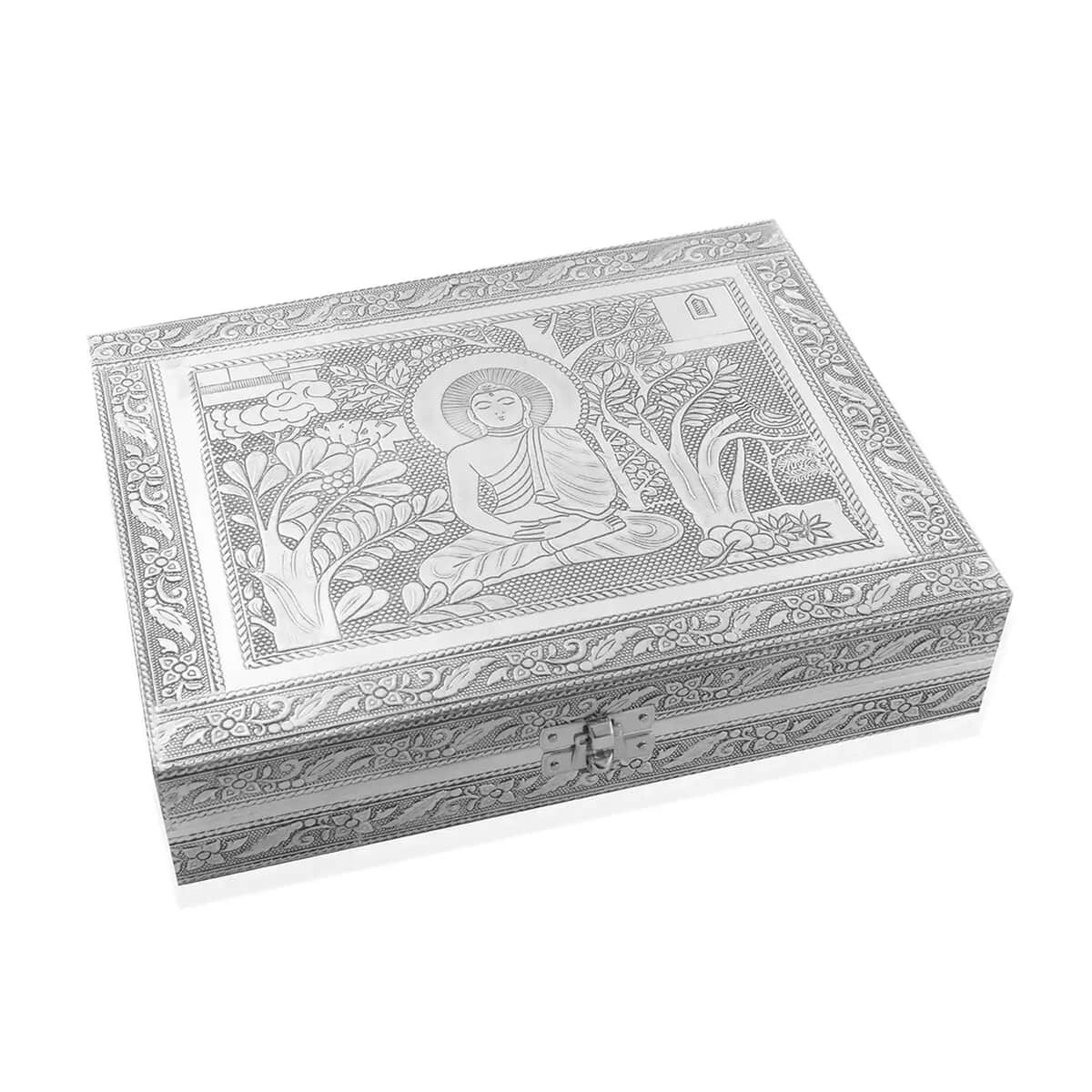 Handcrafted Buddha Embossed Aluminum Oxidized Jewelry Box with Anti-Tarnish & Scratch Protection Interior image number 0