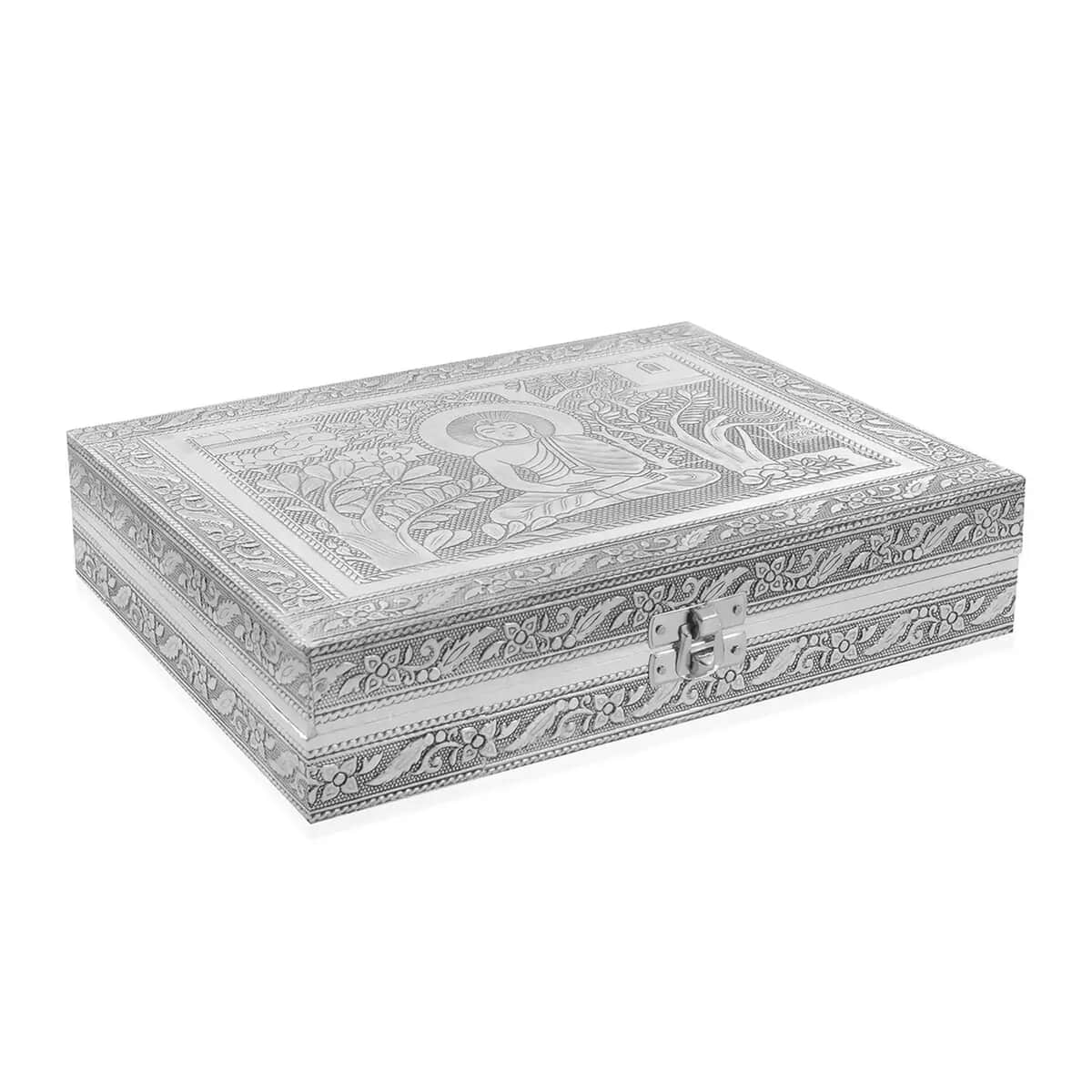 Handcrafted Buddha Embossed Aluminum Oxidized Jewelry Box with Anti-Tarnish & Scratch Protection Interior image number 6