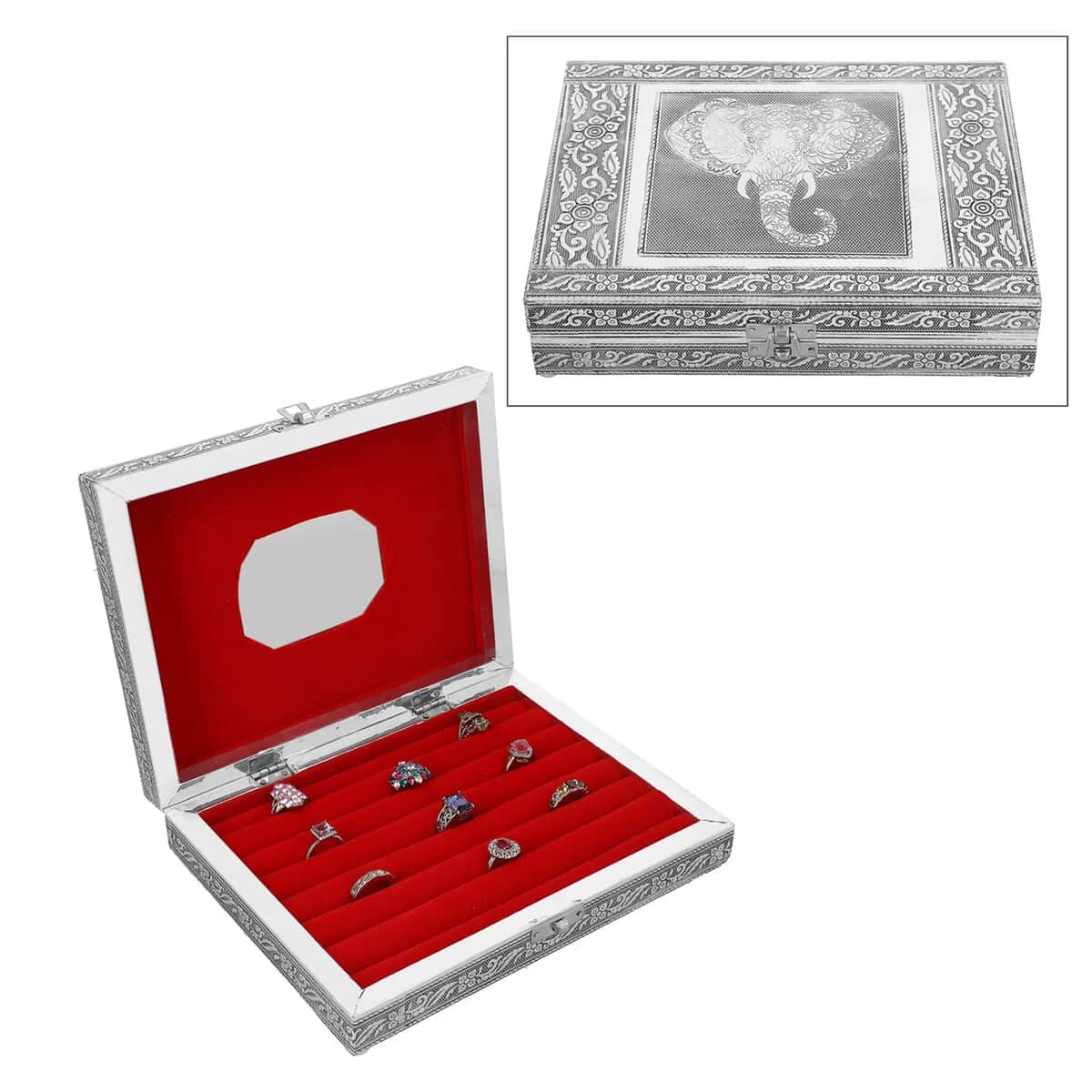 Handcrafted Elephant Embossed Aluminum Oxidized Jewelry Box with Anti-Tarnish & Scratch Protection Interior image number 0