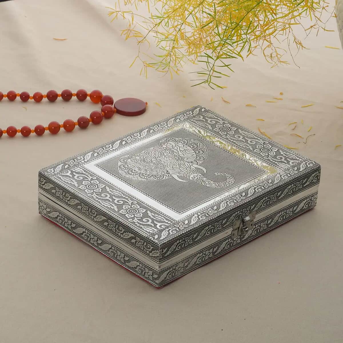 Handcrafted Elephant Embossed Aluminum Oxidized Jewelry Box with Anti-Tarnish & Scratch Protection Interior image number 1