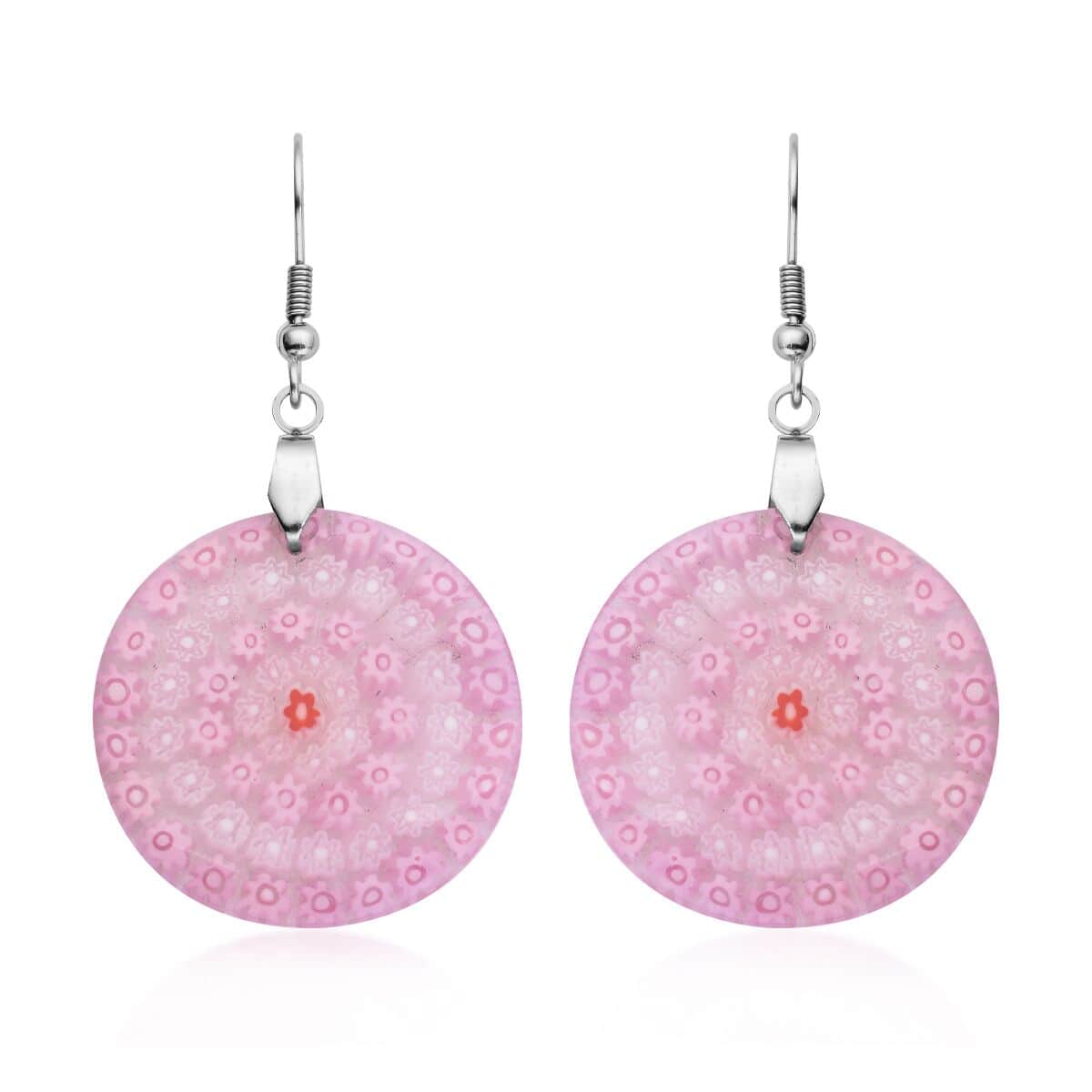 Pink Murano Style Dangle Earrings in Stainless Steel image number 0