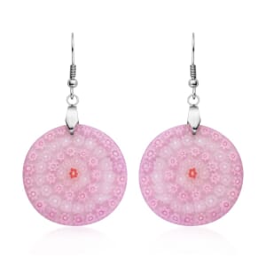 Pink Murano Style Dangle Earrings in Stainless Steel