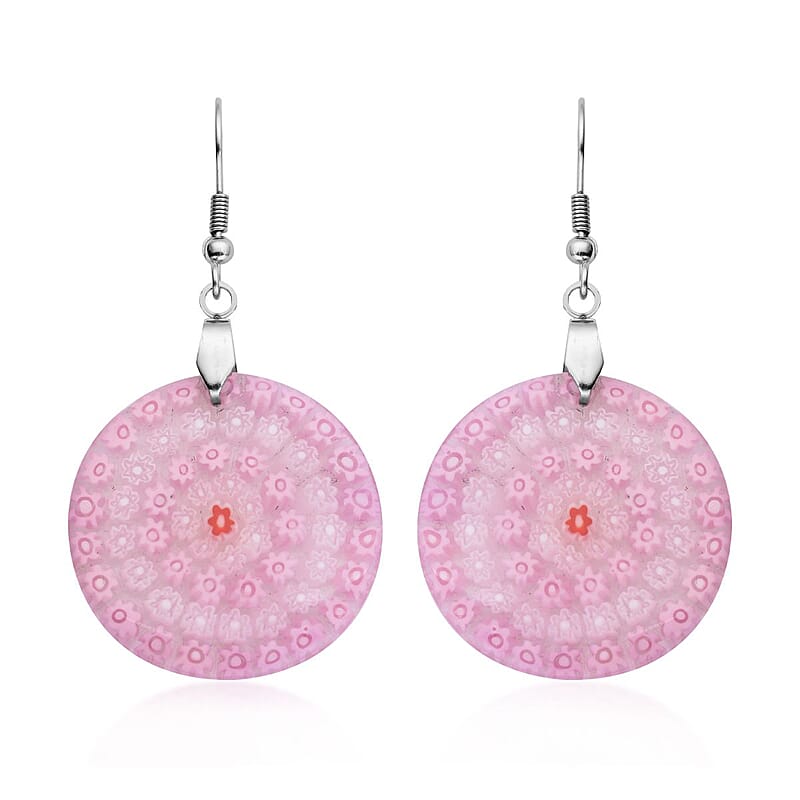 Pink Murano Style Dangle Earrings in Stainless Steel