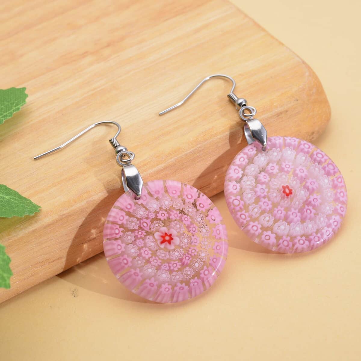 Pink Murano Style Dangle Earrings in Stainless Steel image number 1