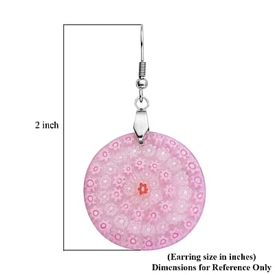 Pink Murano Style Dangle Earrings in Stainless Steel