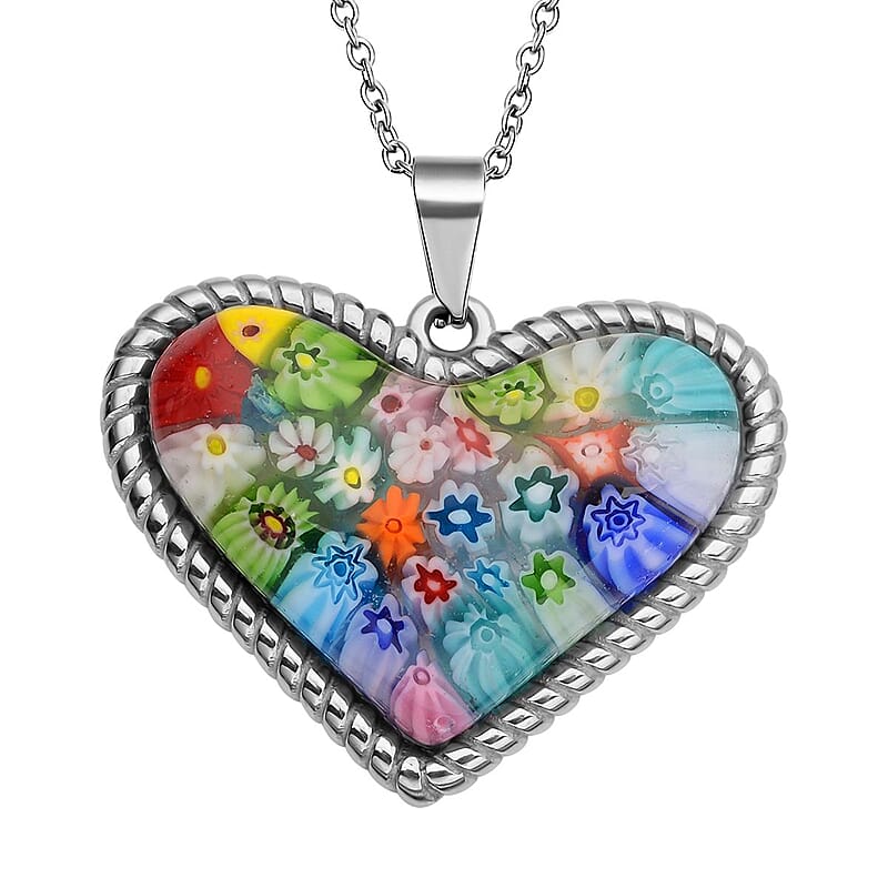 Multi Color Murano Style Necklace in Stainless Steel, Heart Pendant For Women (20 Inches)