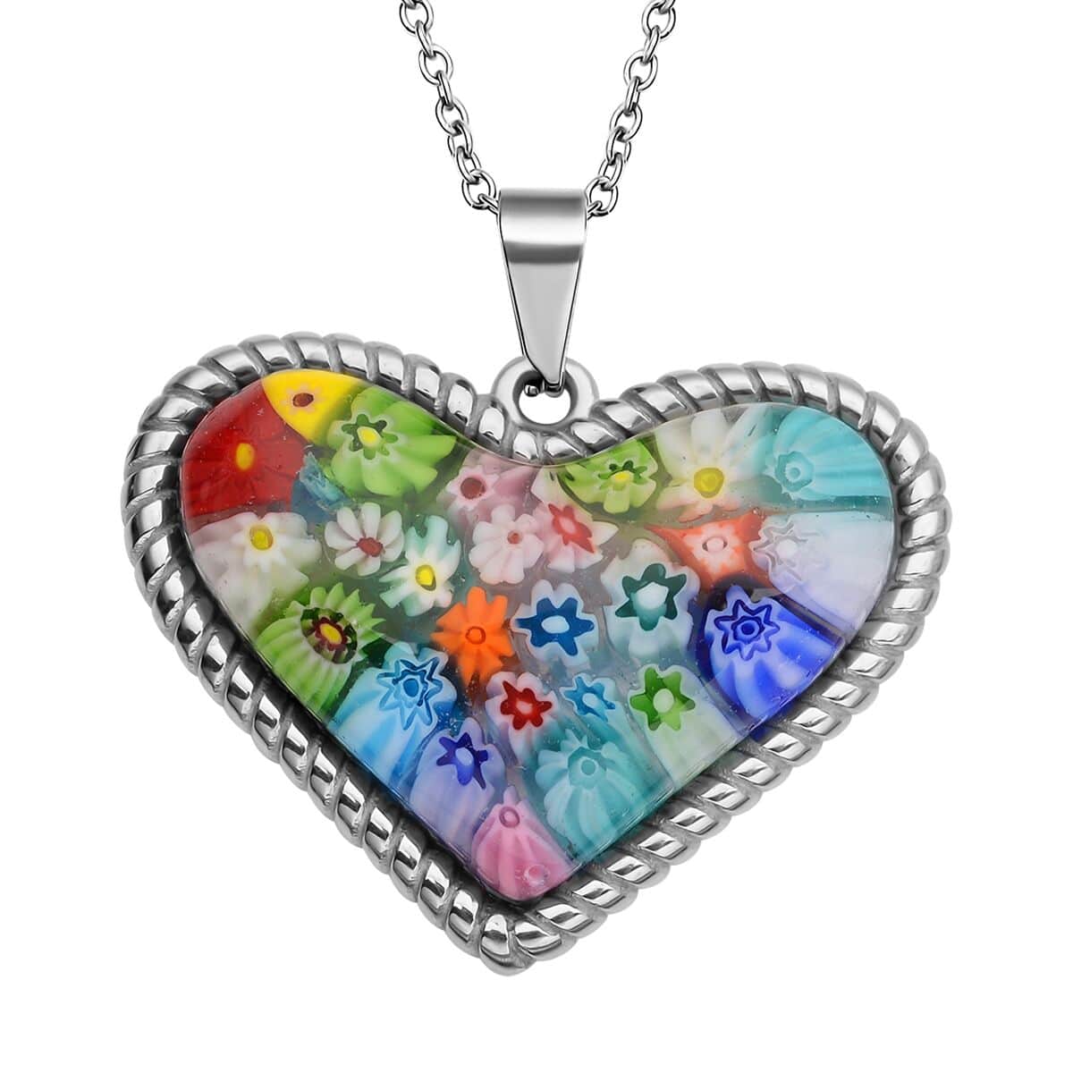 Multi Color Murano Style Necklace in Stainless Steel, Heart Pendant For Women (20 Inches) image number 0