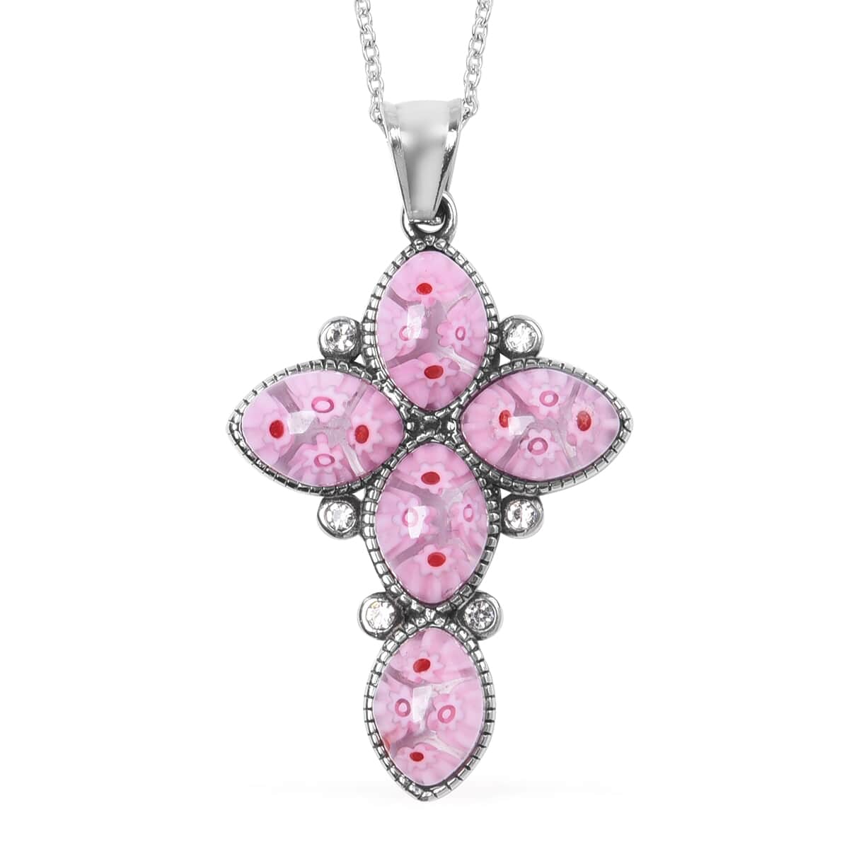 Pink Color Murano Style and White Austrian Crystal Cross Pendant Necklace in Black Oxidized Stainless Steel 20 Inches image number 0