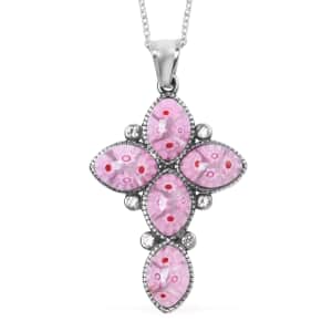 Pink Color Murano Style and White Austrian Crystal Cross Pendant Necklace in Black Oxidized Stainless Steel 20 Inches