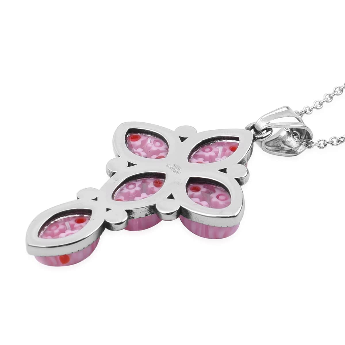 Pink Color Murano Style and White Austrian Crystal Cross Pendant Necklace in Black Oxidized Stainless Steel 20 Inches image number 3