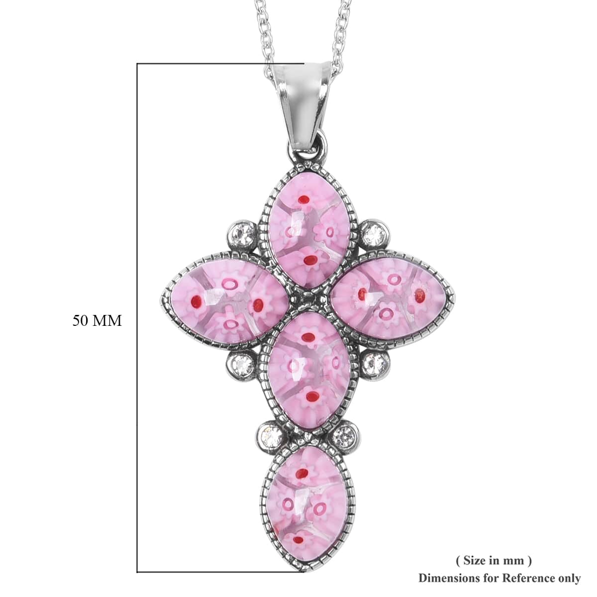 Pink Color Murano Style and White Austrian Crystal Cross Pendant Necklace in Black Oxidized Stainless Steel 20 Inches image number 4